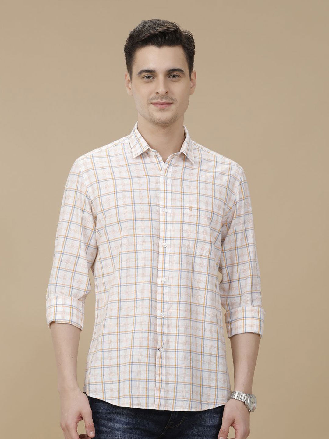 

CAVALLO by Linen Club Contemporary Slim Fit Windowpane Checked Casual Shirt, Orange