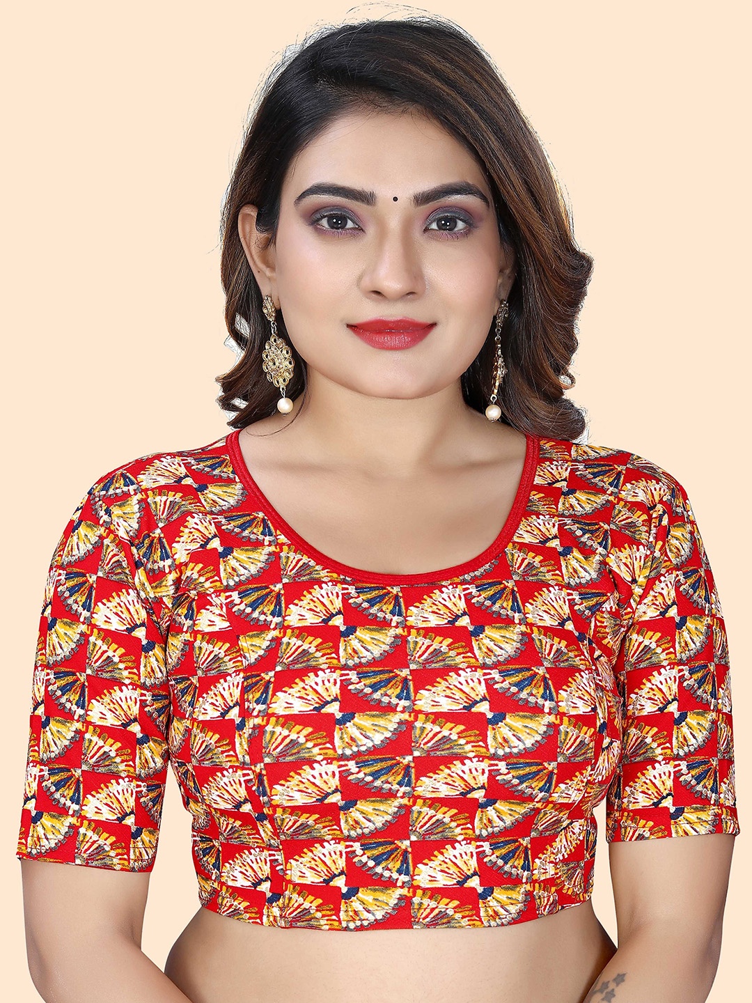 

SHREEJI DESIGNER Women Printed Short Sleeve Stretchable Saree Blouse, Red