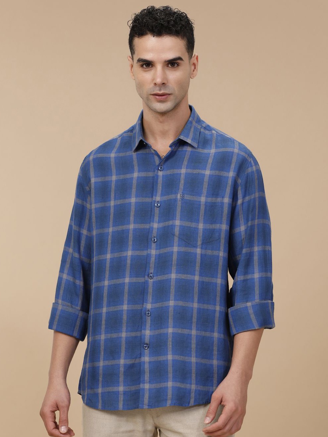 

Linen Club Contemporary Slim Fit Checked Pure Linen Casual Shirt, Blue