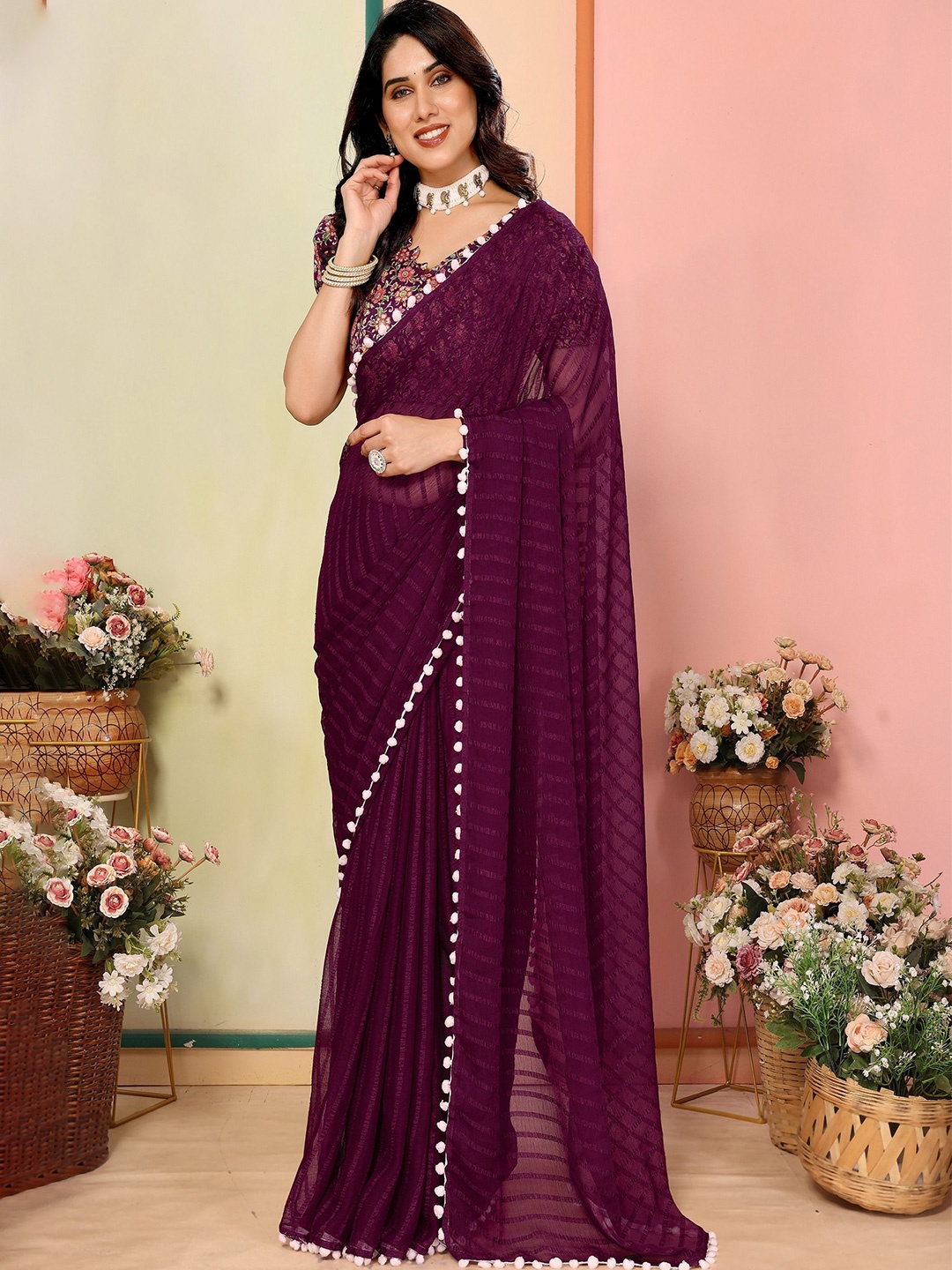 

CATCHY FOREVER Striped Poly Georgette Saree, Purple