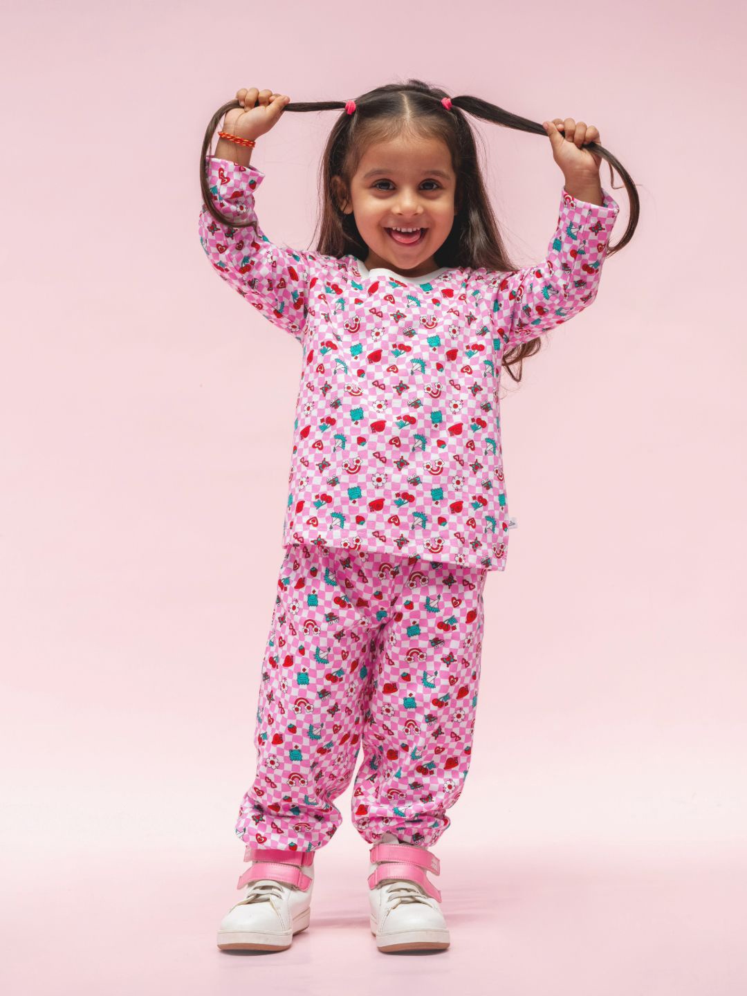 

TINY TREASURE Girls Printed Pure Cotton Top With Pyjama, Pink