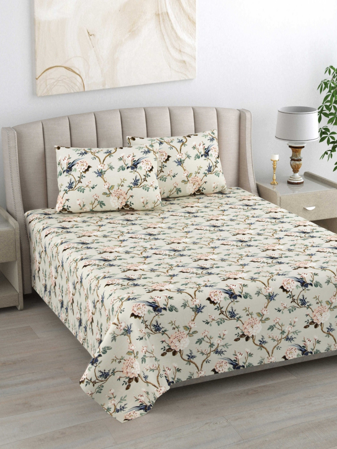 

BILBERRY Furnishing by preeti grover Green & Brown Floral 180 TC King Bedsheet Set