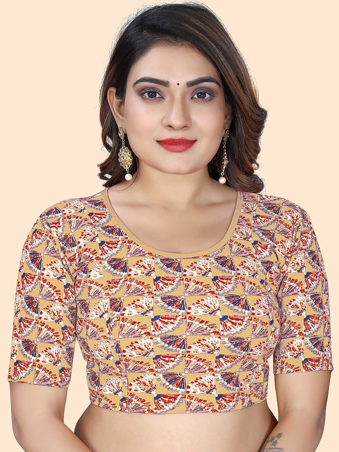 

SHREEJI DESIGNER Printed Round Neck Saree Blouse, Cream
