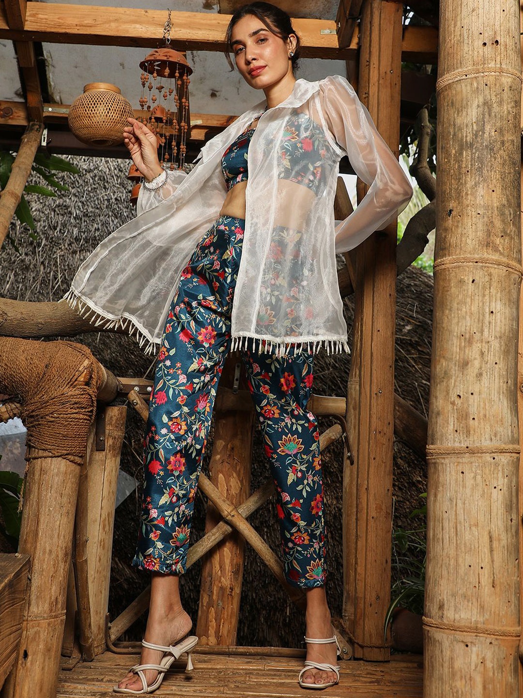 

QISSA Printed Square Neck Top, Trousers & Shrug Co-Ords, Teal