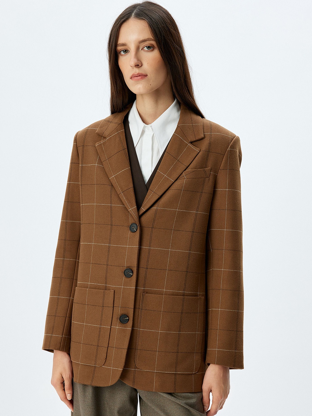 

Koton Checked Single Breasted Blazer, Brown