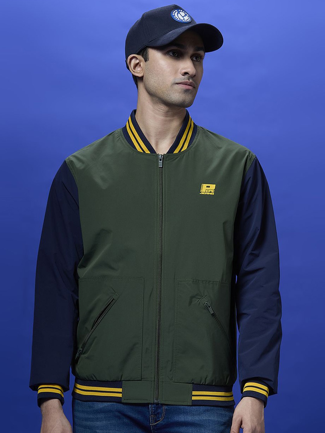 

Pepe Jeans Men Colourblocked Bomber Jacket, Olive