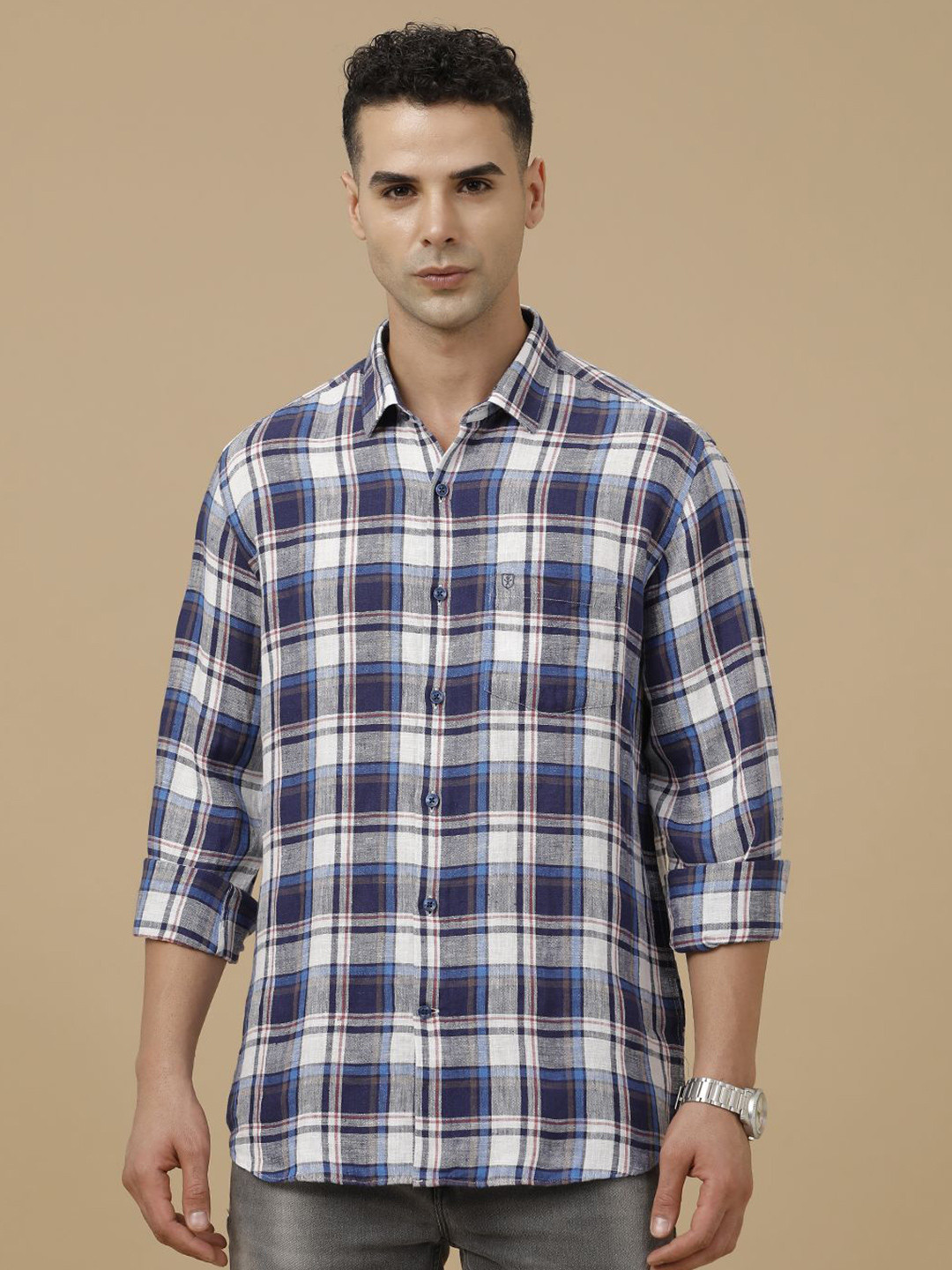 

Linen Club Contemporary Slim Fit Gingham Checked Pure Linen Cotton Casual Shirt, Blue