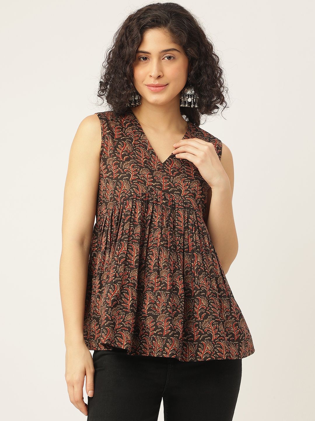 

SPARSA Floral Print Cotton Peplum Top, Black