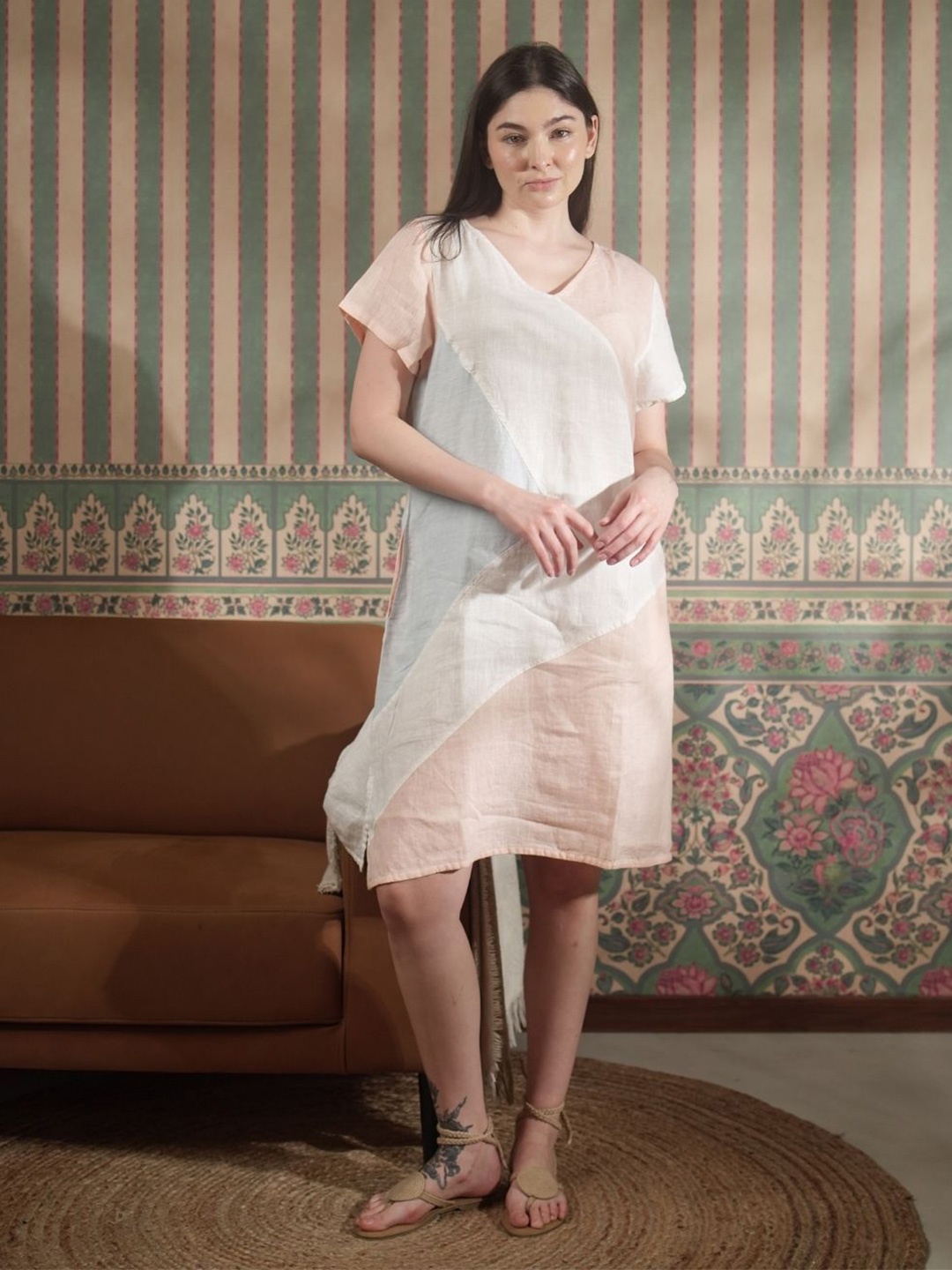 

Fabulous Striped Linen A-Line Dress, Peach