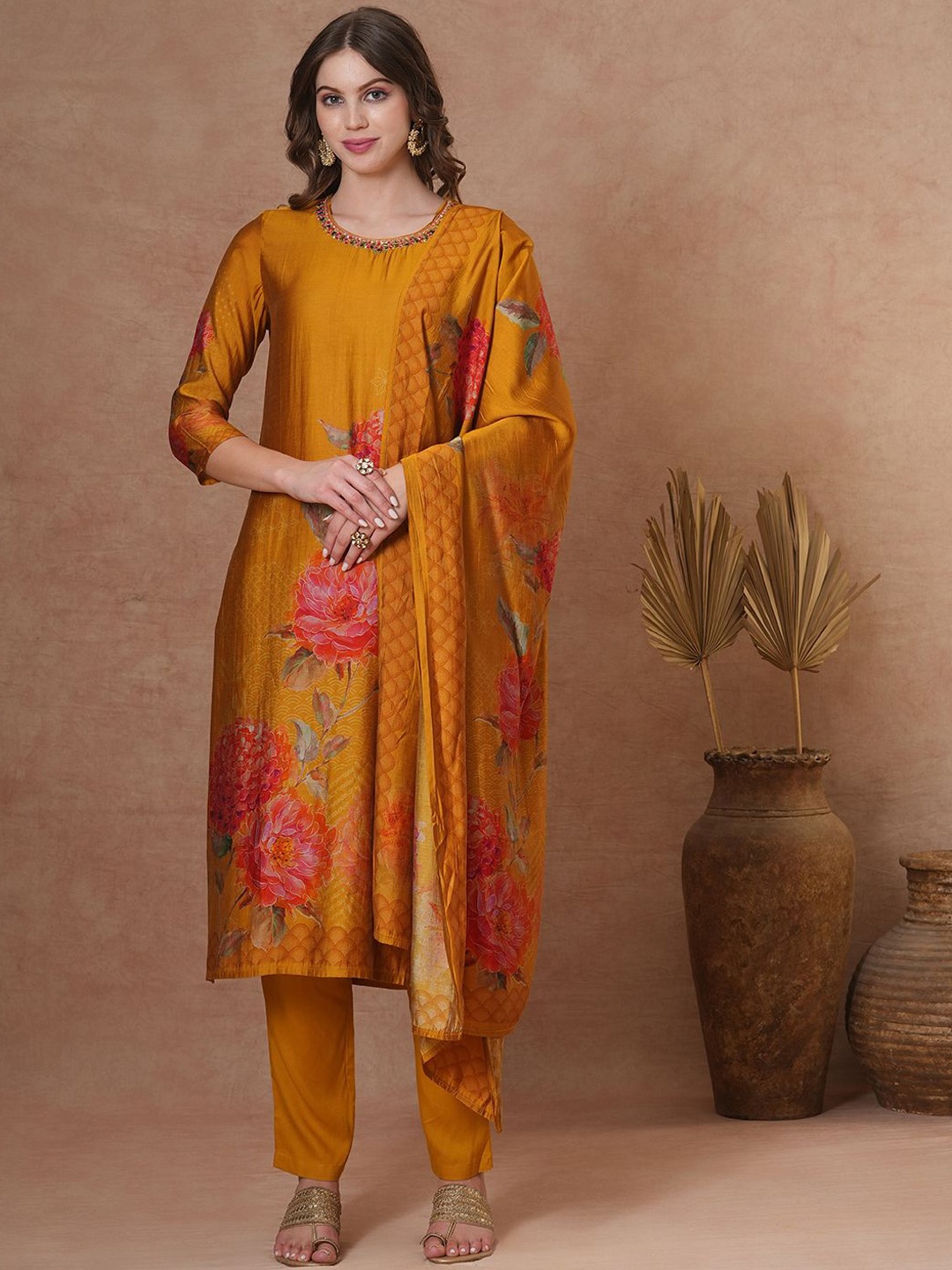 

FASHOR Floral Printed Beads and Stones Kurta with Trouser & Dupatta, Mustard