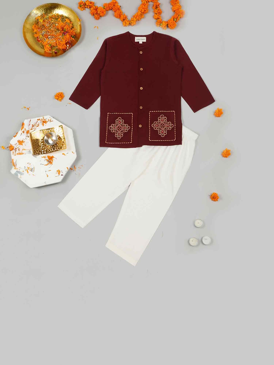 

LITTLE GINNIE Boys Round Neck Floral Printed Straight Kurta with Trouser, Maroon