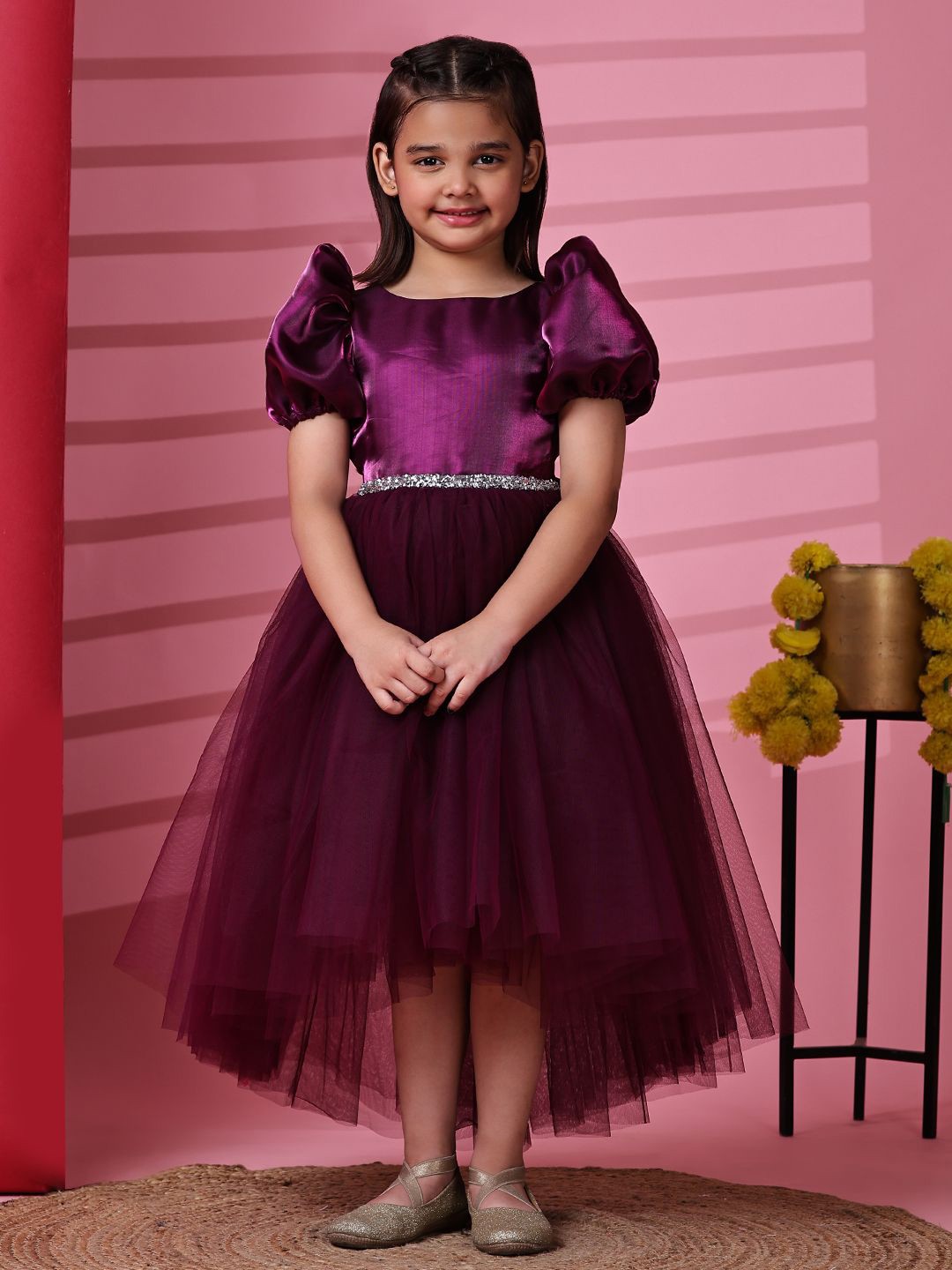 

Toy Balloon kids Girls Puff Sleeve Net Fit & Flare Dress, Purple