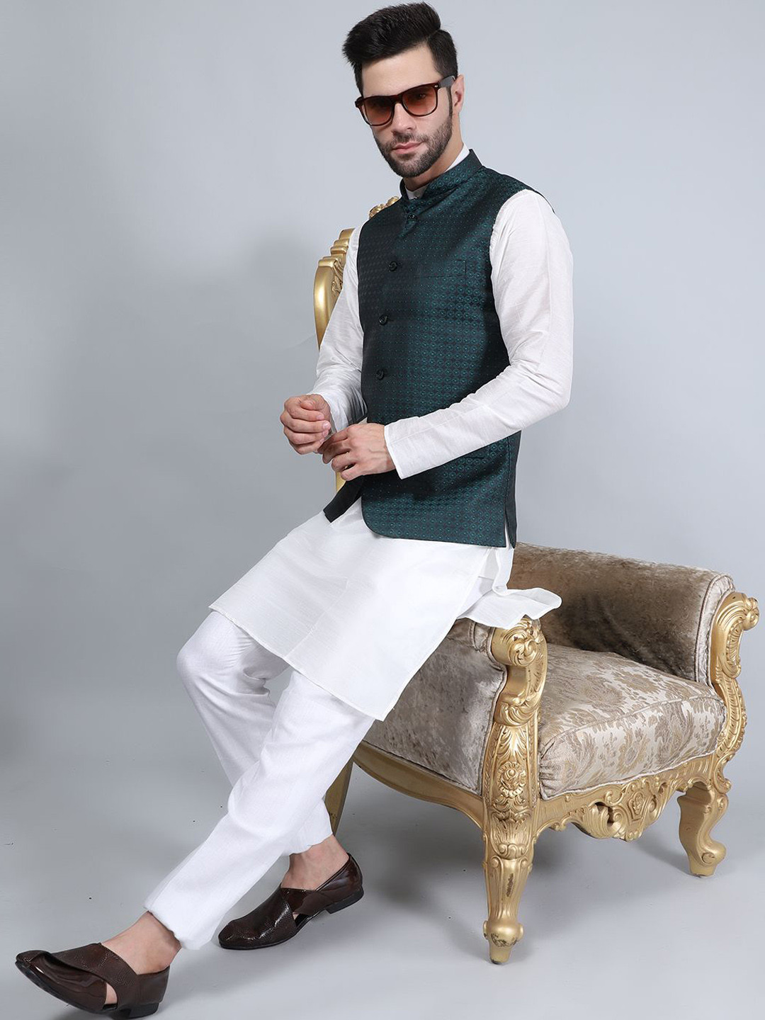 

Wintage Mandarin Collar White Romance Straight Kurta with Pyjamas & Nehru Jacket