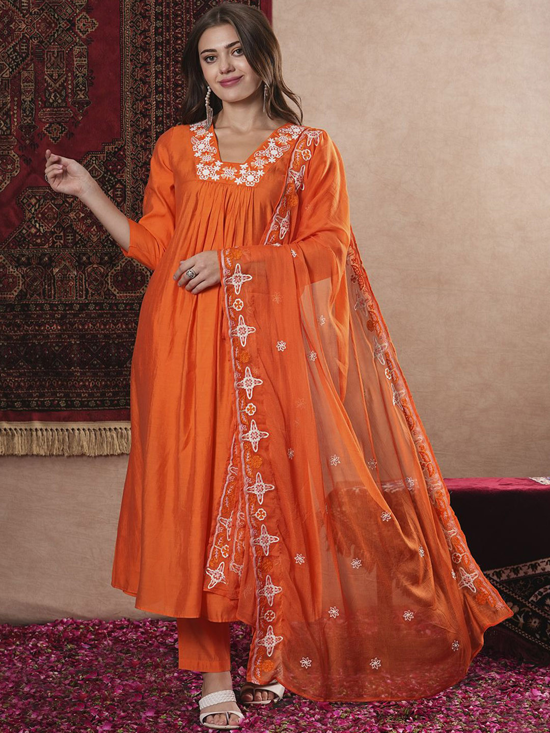 

GoSriKi Floral Yoke Design Pleated Thread Work Kurta with Trouser & Dupatta, Orange