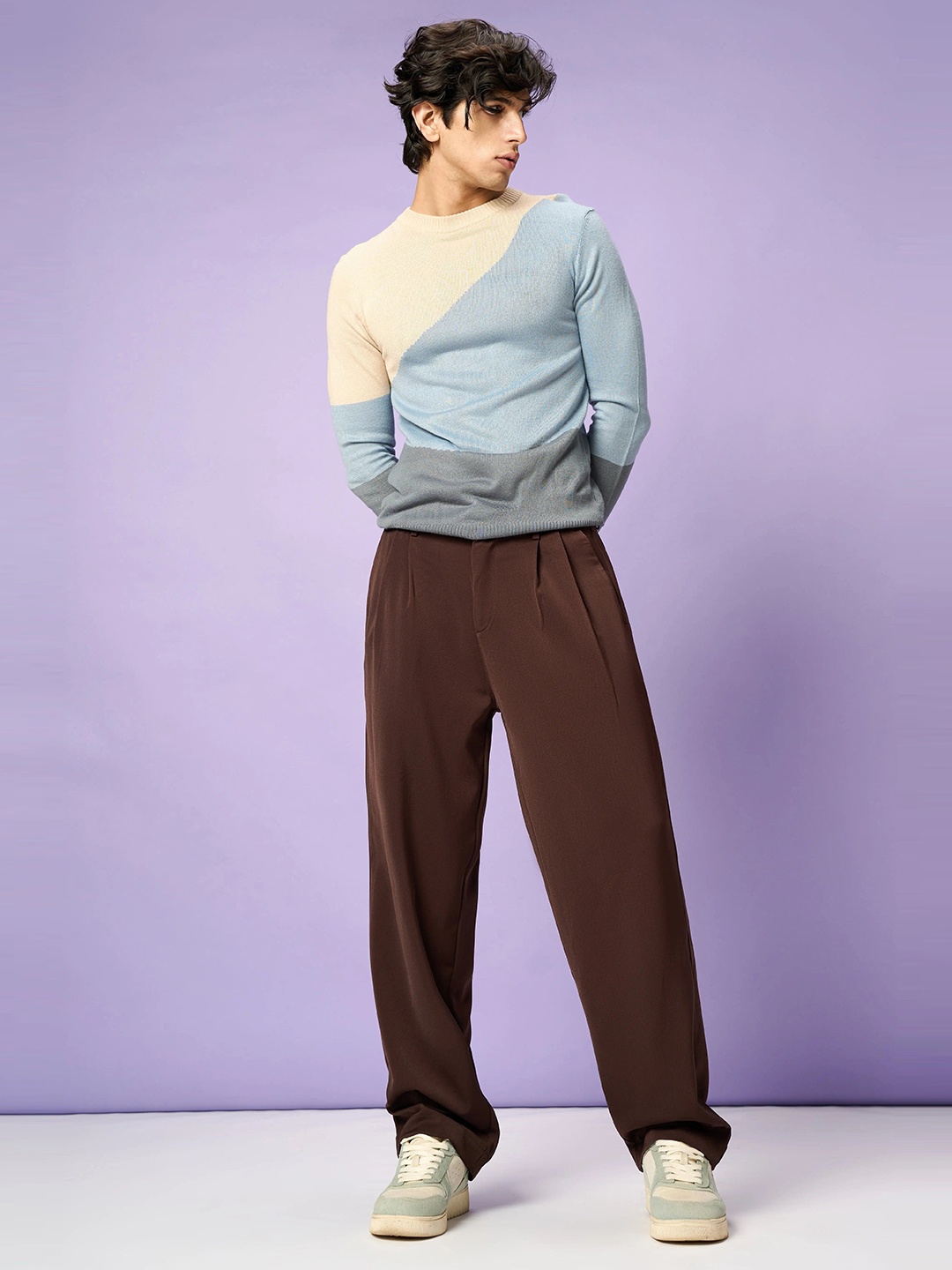 

FREAKINS Men Slouchy Loose Fit Pleated Korean Pant, Brown