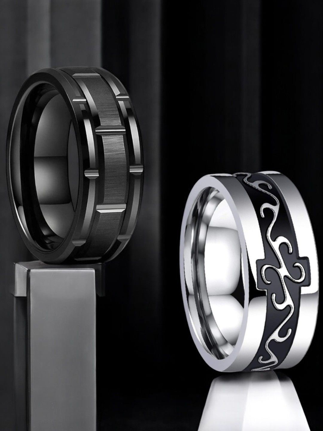 

OOMPH Men Set Of 2 Stainless Steel Brick & Celtic Band Finger Rings, Silver