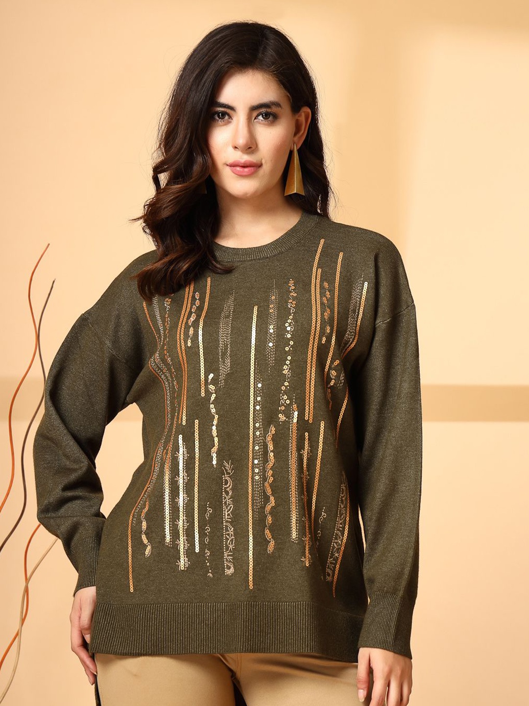

Mafadeny Women Printed Embellished Pullover Sweater, Green