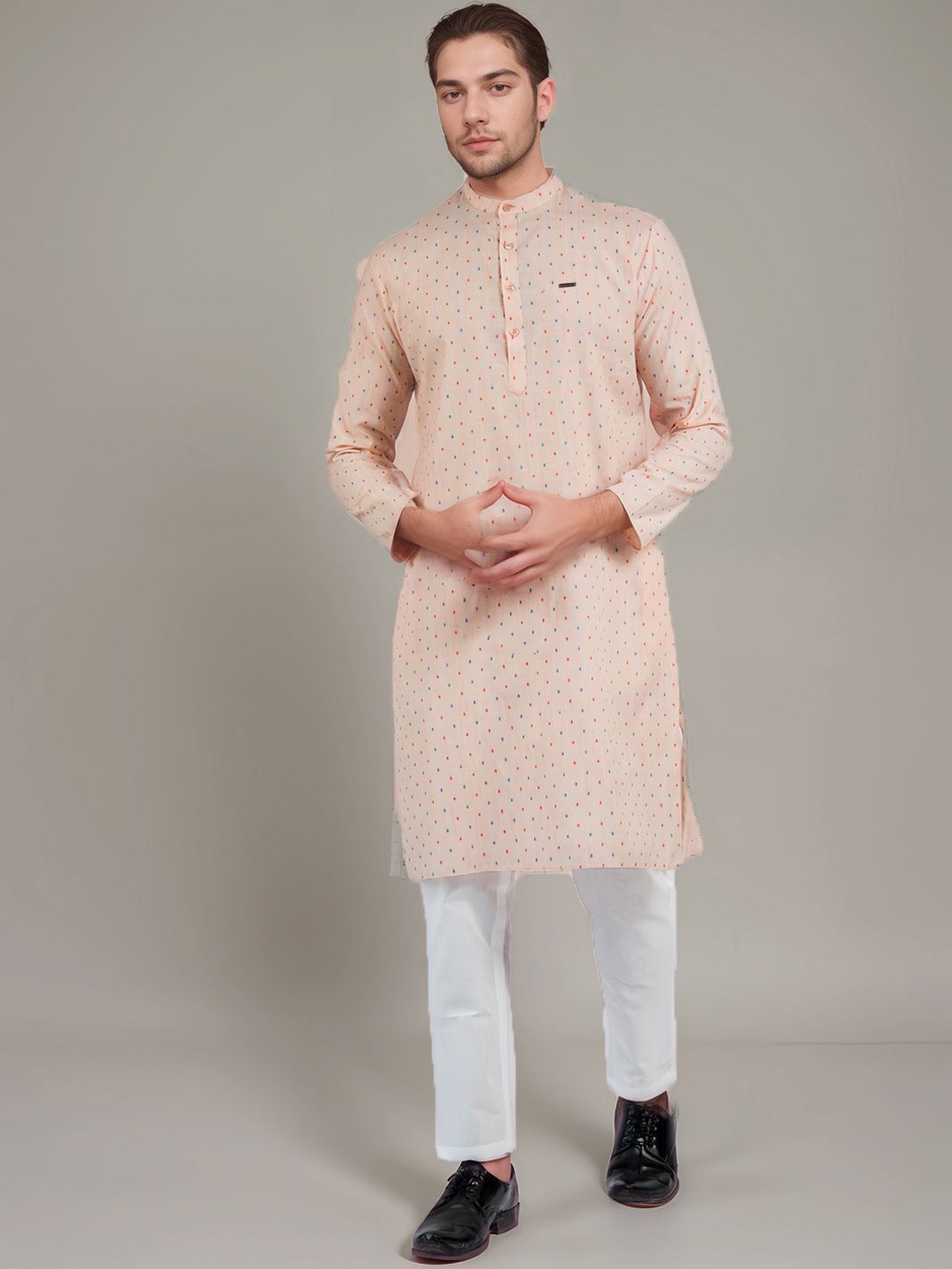 

DEVOILER Polka Dot Printed Mandarin Collar Cotton Straight Kurta, Pink