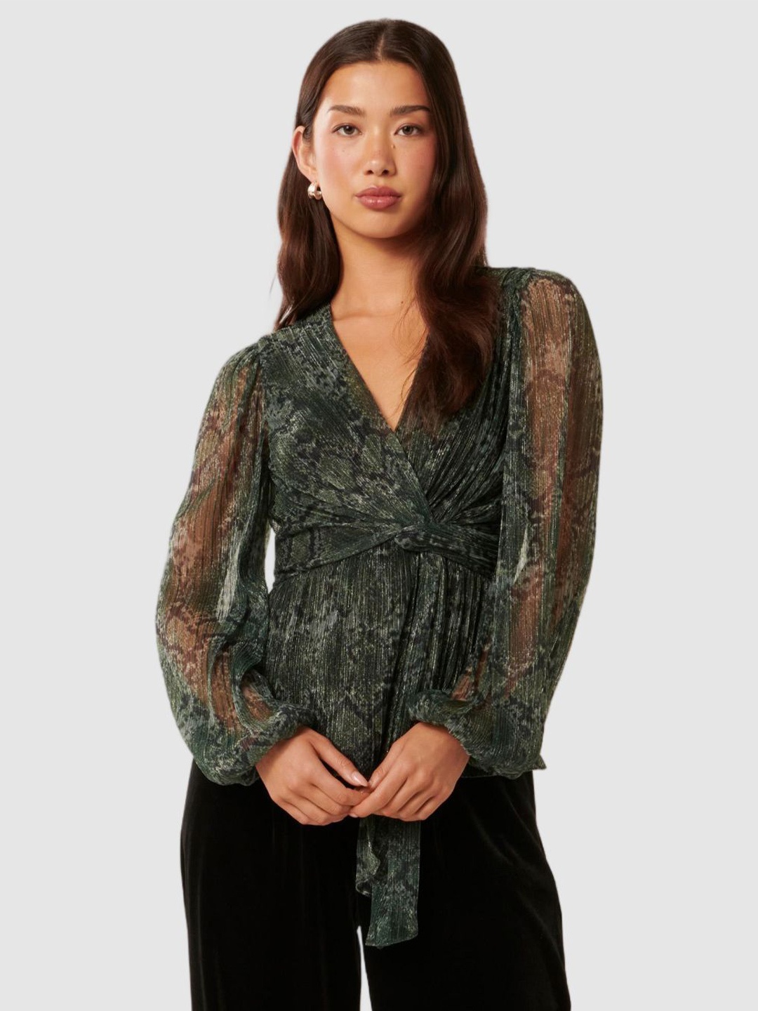 

Forever New Women Printed Bishop Sleeves Sheer Peplum Top, Green