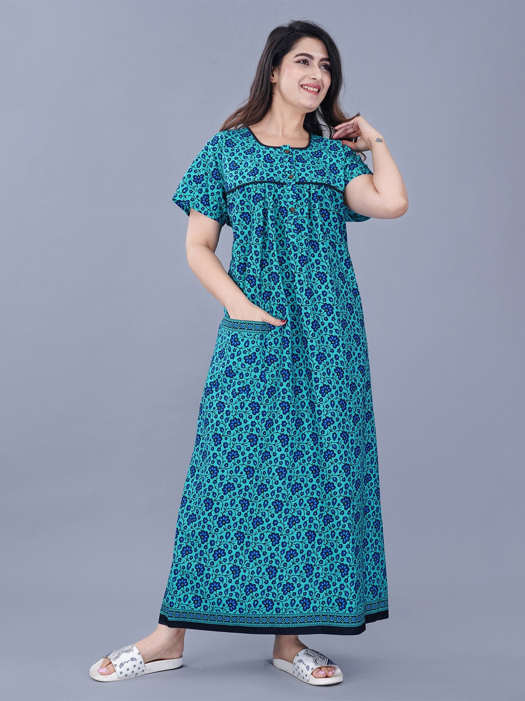 

MAYA PRINT Women Floral Printed Pure Cotton Maxi Nightdress, Blue