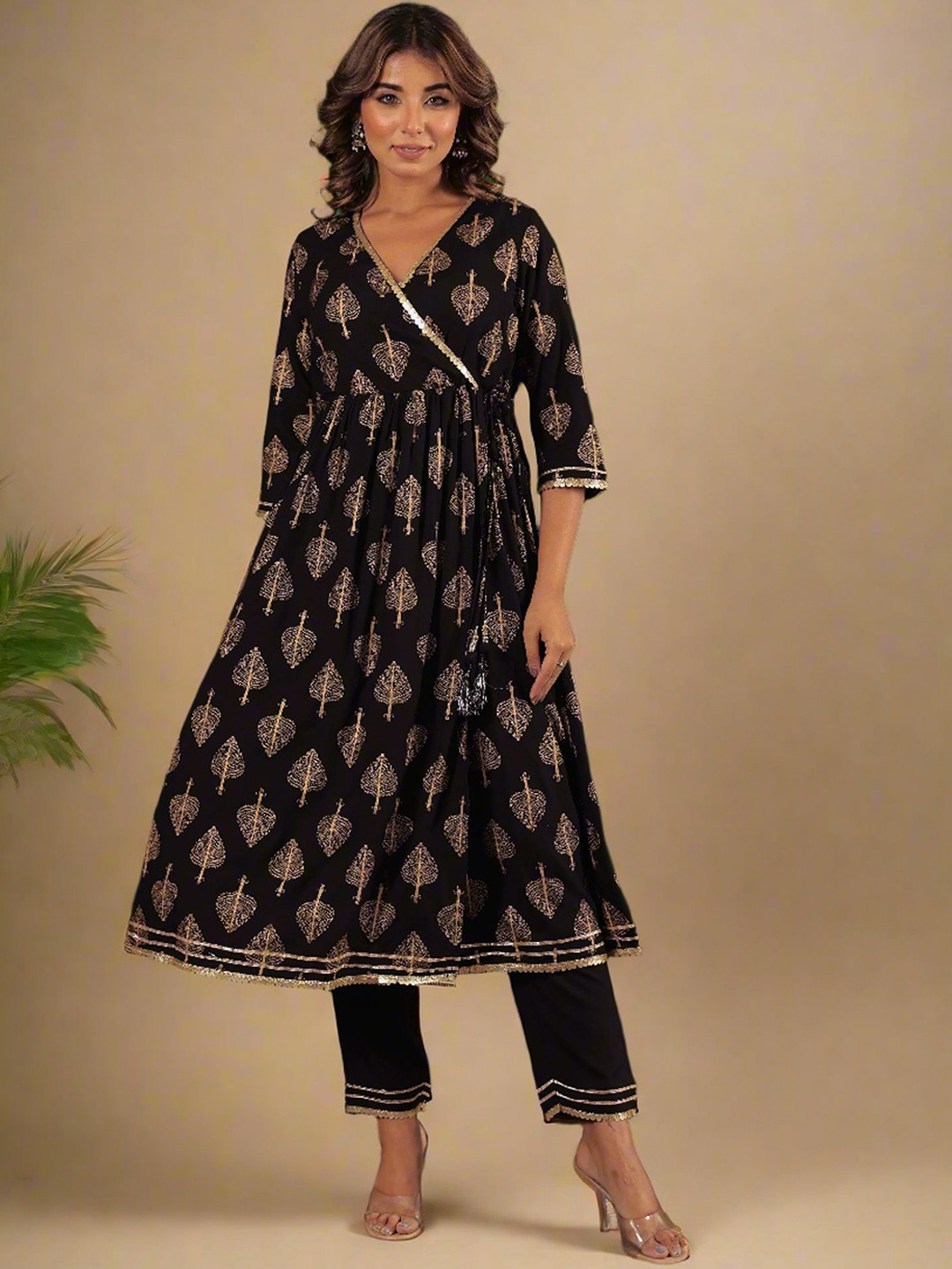 

HERE&NOW Floral Printed V-Neck Angrakha Gotta Patti Anarkali Kurta with Trousers, Black