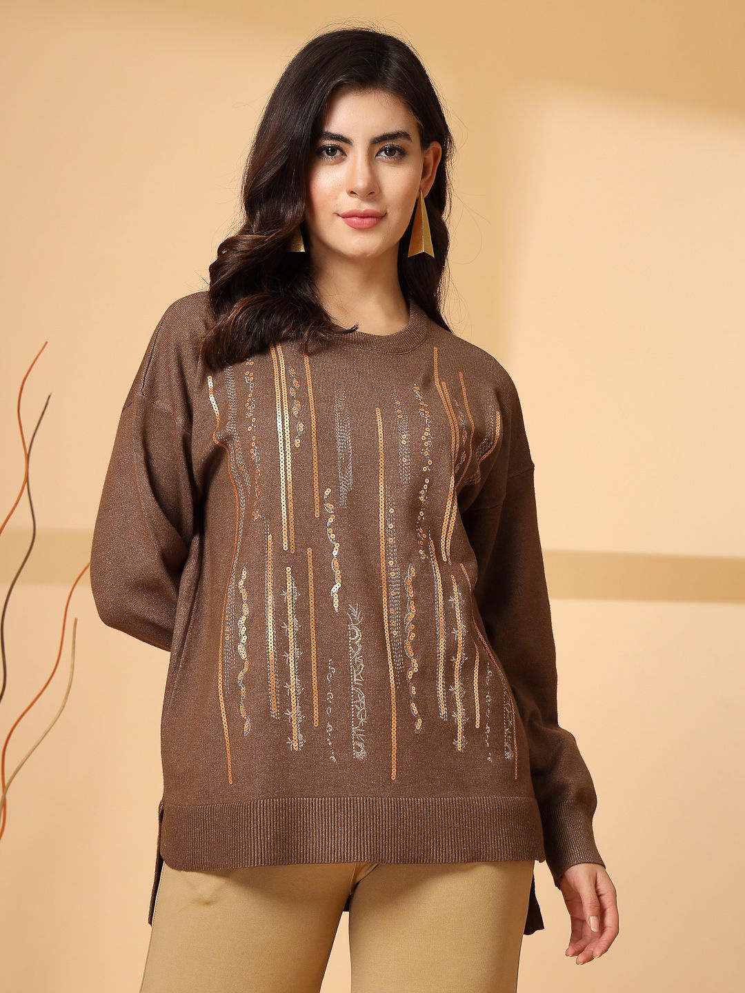 

Mafadeny Women Embellished High-Low Cotton Pullover, Brown