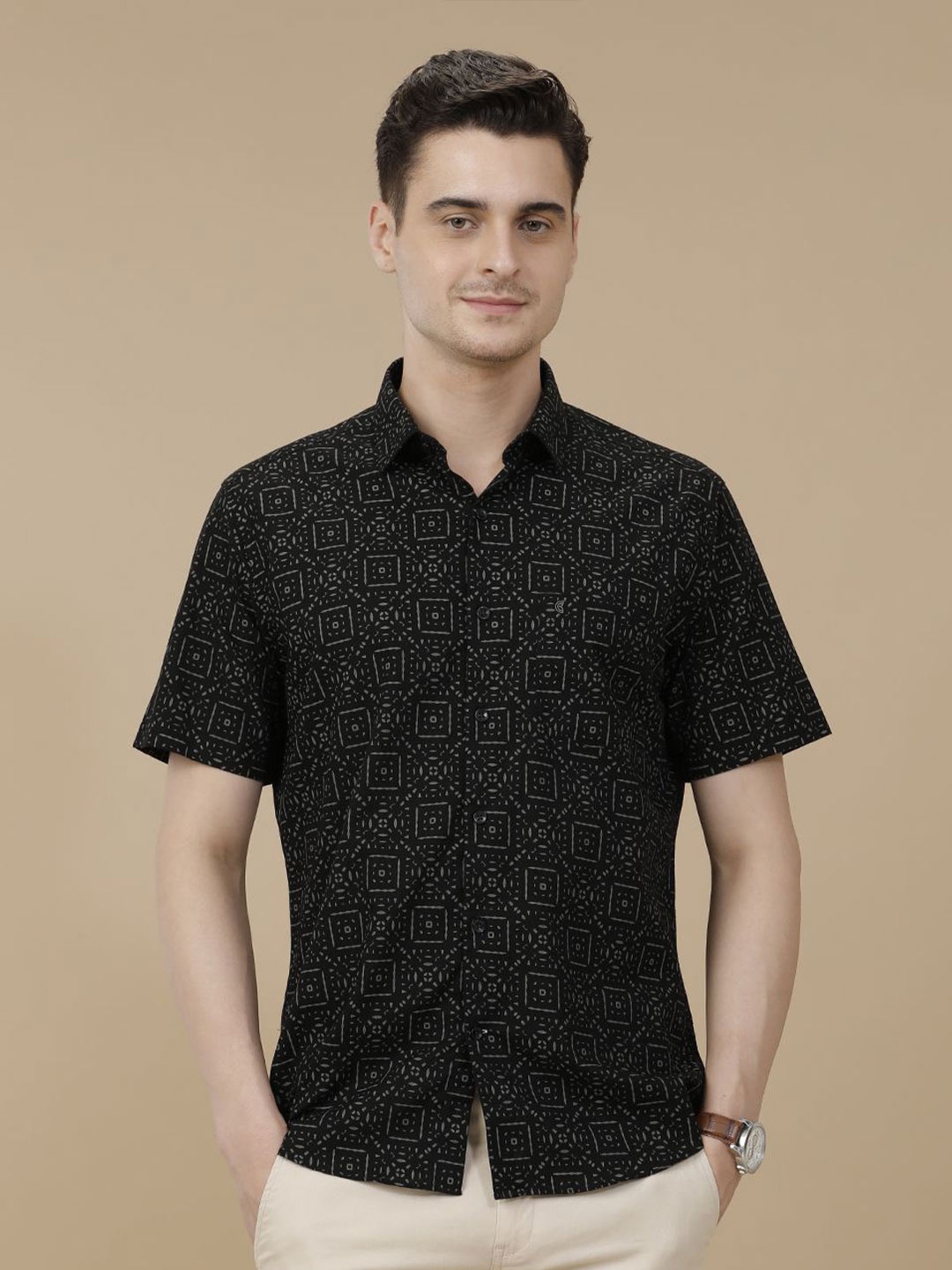 

CAVALLO by Linen Club Contemporary Slim Fit Geometric Printed Linen Cotton Shirt, Black