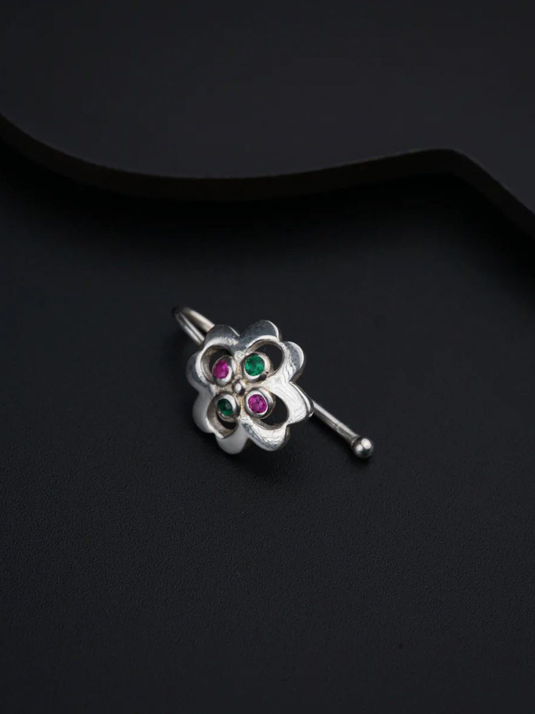 

House of Aadyaa Sterling Silver Oxidised Stone Studded Stud Nosepin