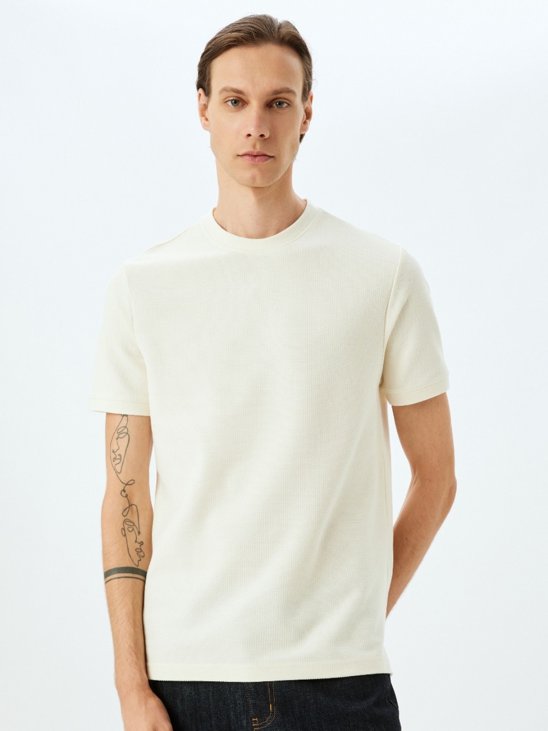 

Koton Men Self Design Round Neck Cotton T-shirt, Off white