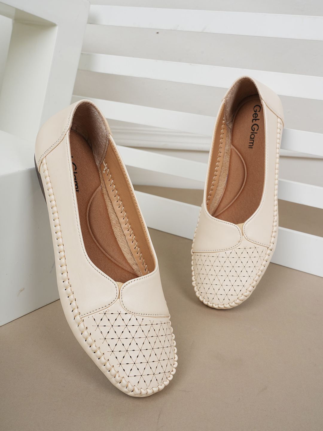 

Get Glamr Women Ballerinas with Laser Cuts Flats, Cream