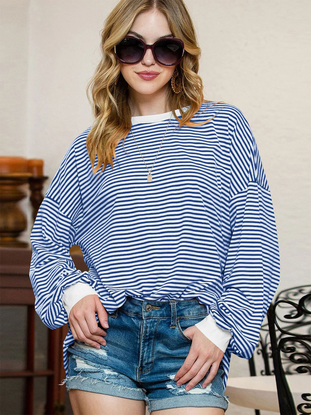 

StyleCast x Revolte Women Striped Round Neck Top, Blue