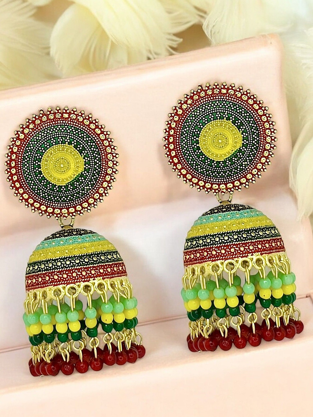 

FEMMIBELLA Gold Plated Meenakari Beaded Dome Shaped Jhumkas