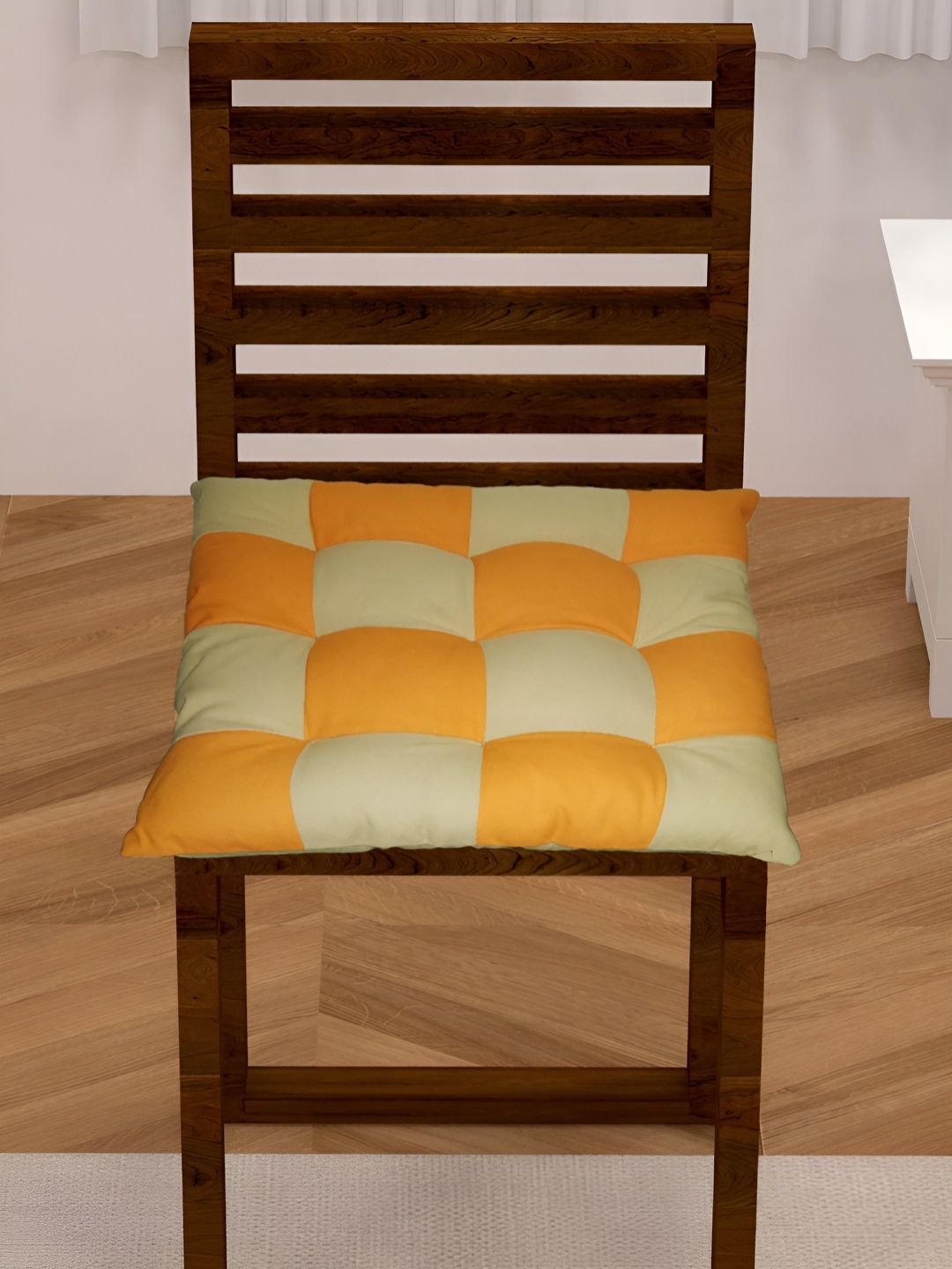 

Lushomes Orange-Colored & Beige Checked Square Cotton Chair Pad