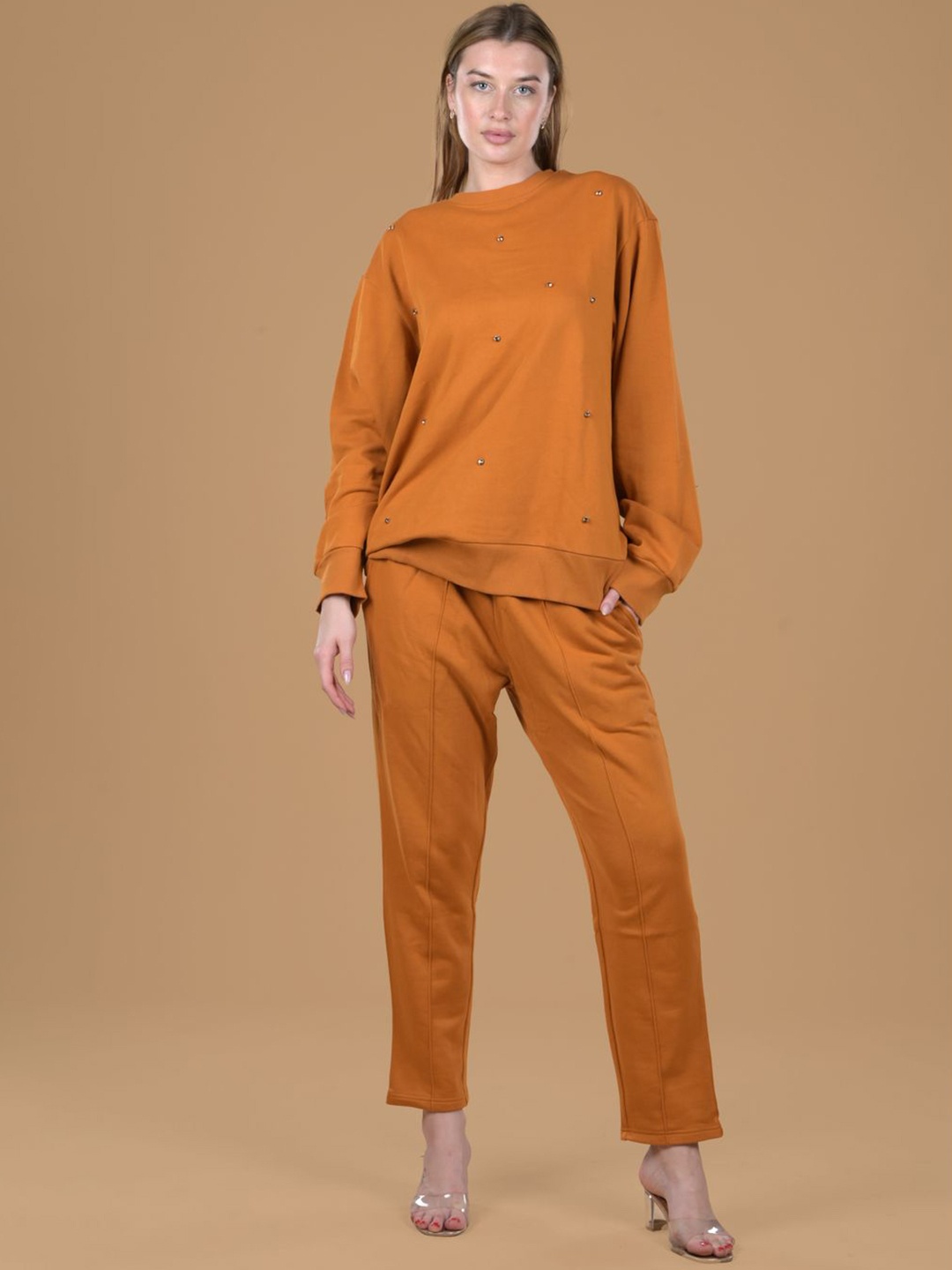 

Antimony Embellished Round Neck Sweatshirt with Trousers, Mustard