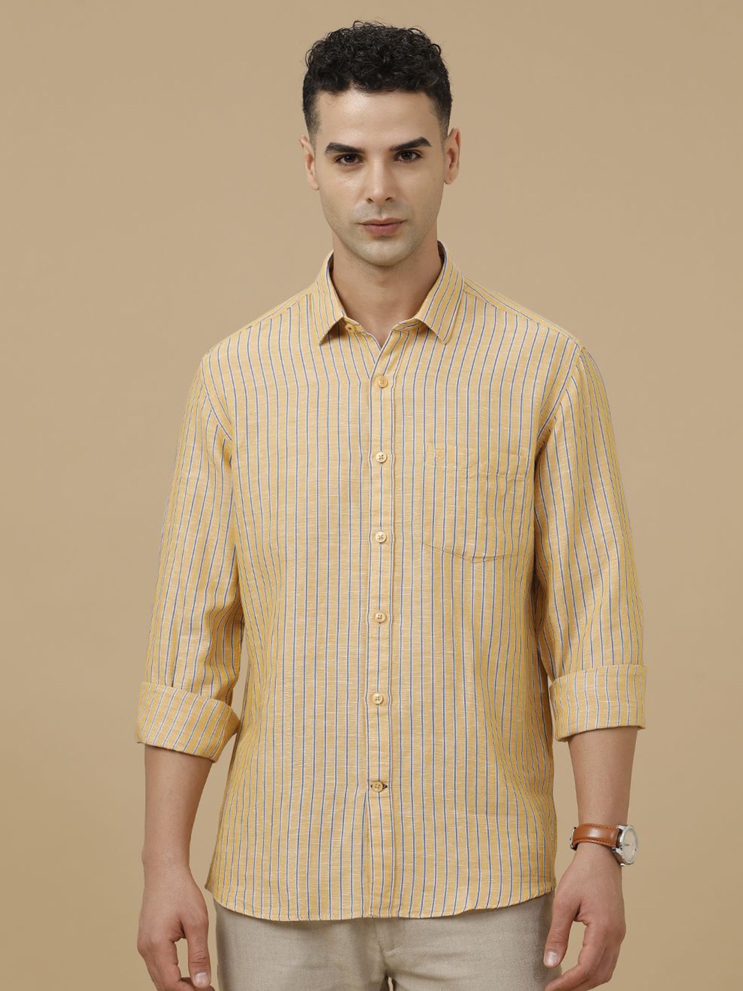 

Linen Club Contemporary Slim Fit Vertical Striped Linen Cotton Casual Shirt, Yellow