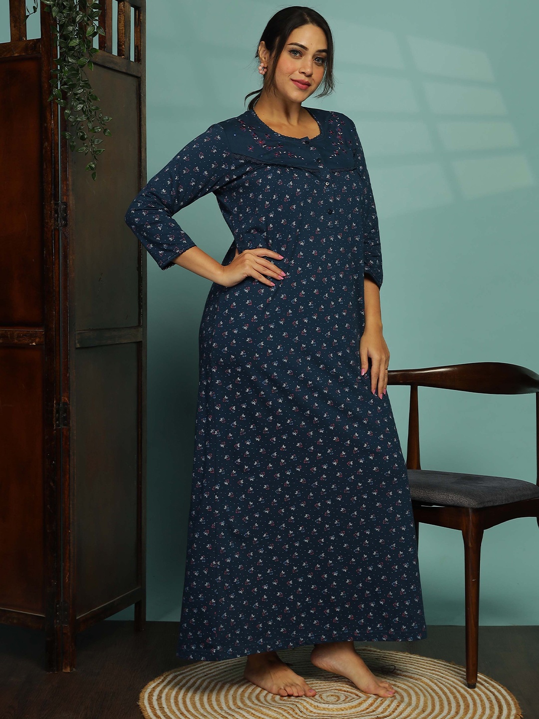 

9shines Label Women Floral Printed Maxi Nightdress, Blue
