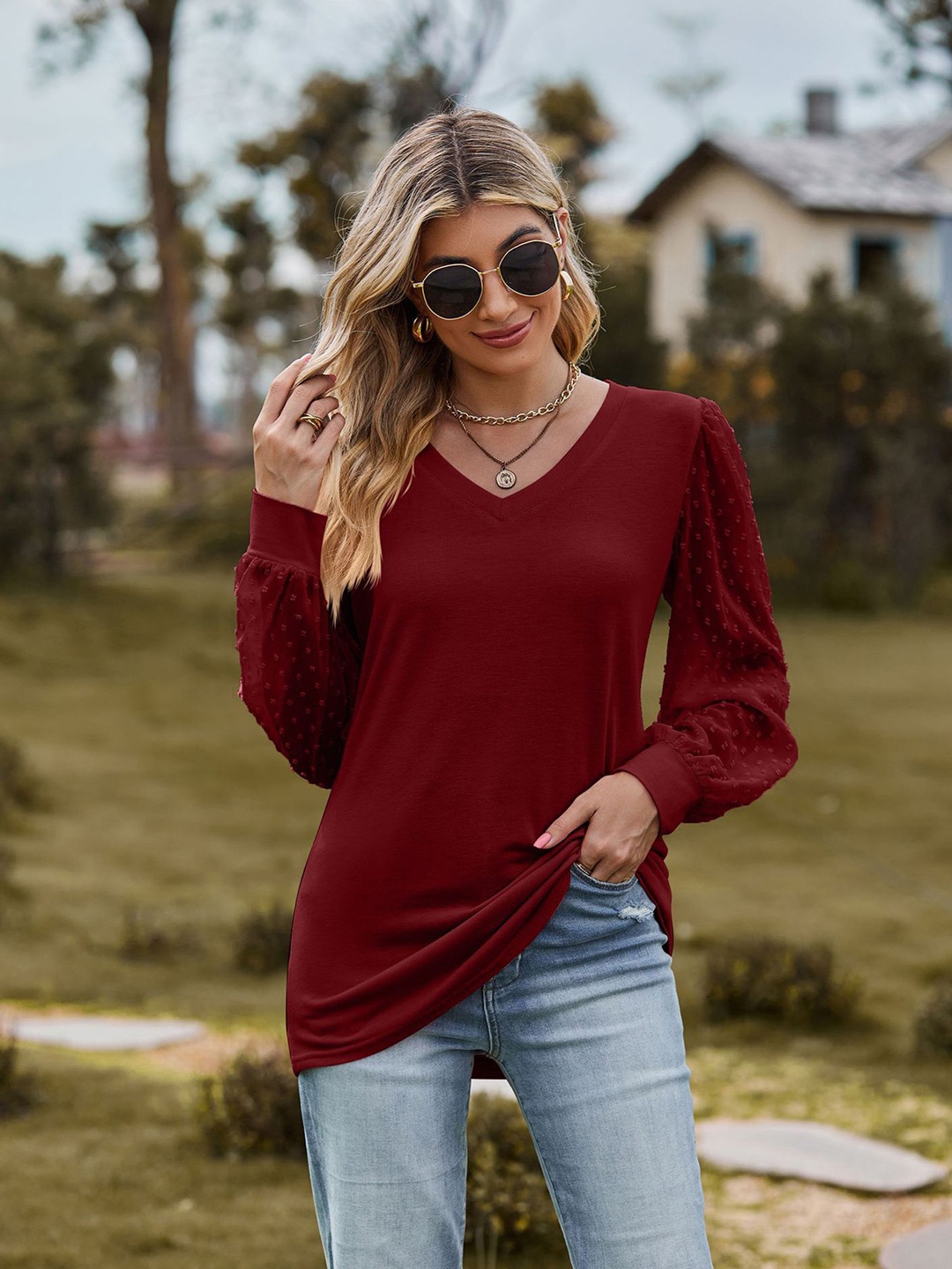 

StyleCast x Revolte Women V-Neck Long Sleeves Top, Maroon