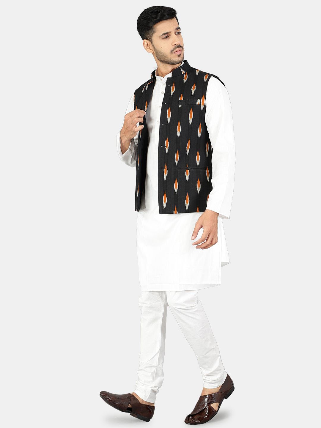 

Wintage Mandarin Collar Pure Cotton Straight Kurta with Pyjamas & Nehru Jacket, White