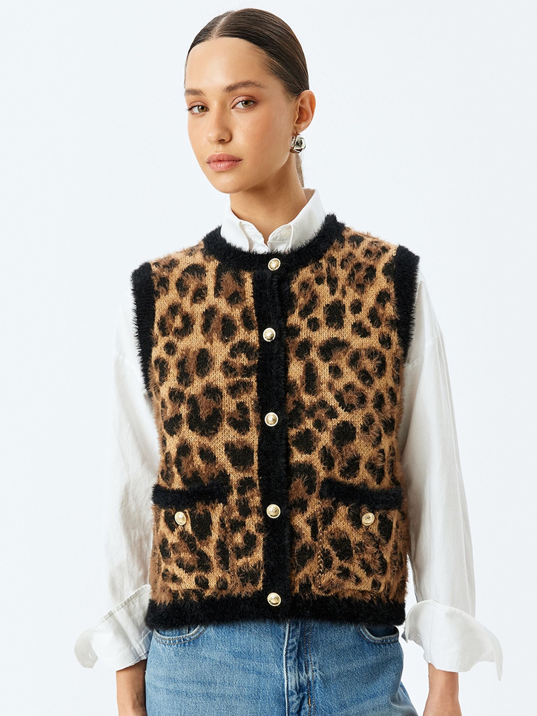 

Koton Printed Cardigan Front Open Sweater, Camel brown