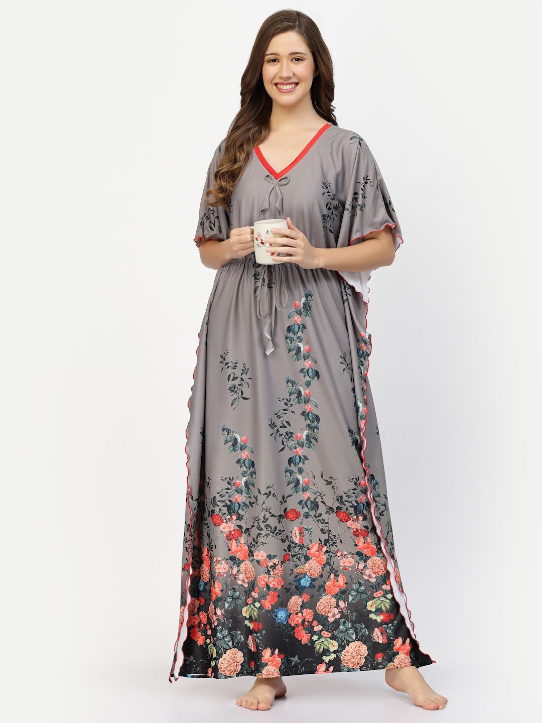 

CHUI MUI Women Floral Printed V-neck Kaftan Maxi Nightdress, Grey melange