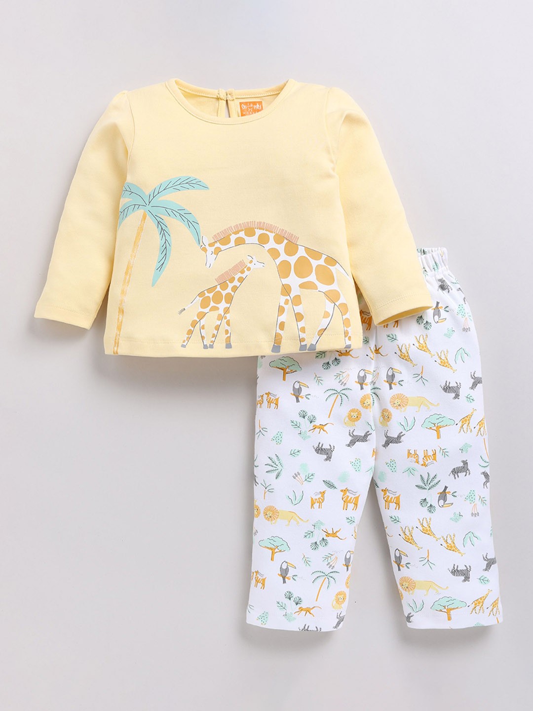 

SNUGGLY MONKEY Girls Printed Round Neck Long Sleeves Pure Cotton Night suit, Yellow