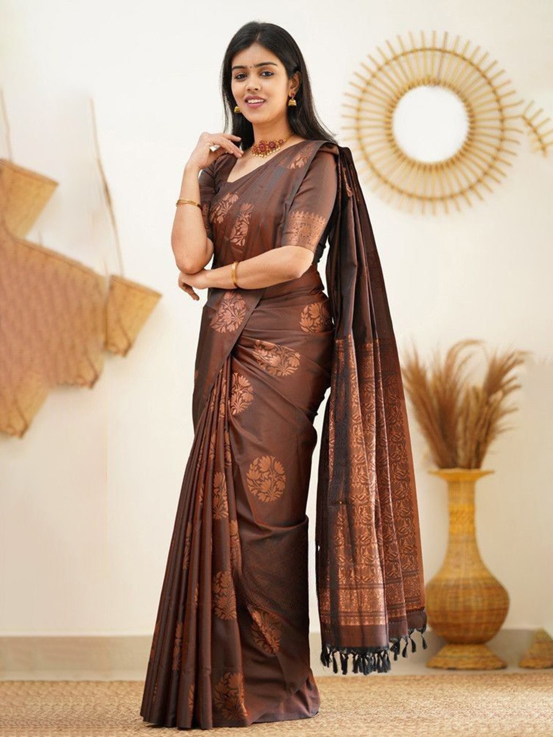 

Areca Designer Ethnic Motifs Zari Pure Silk Banarasi Saree, Brown