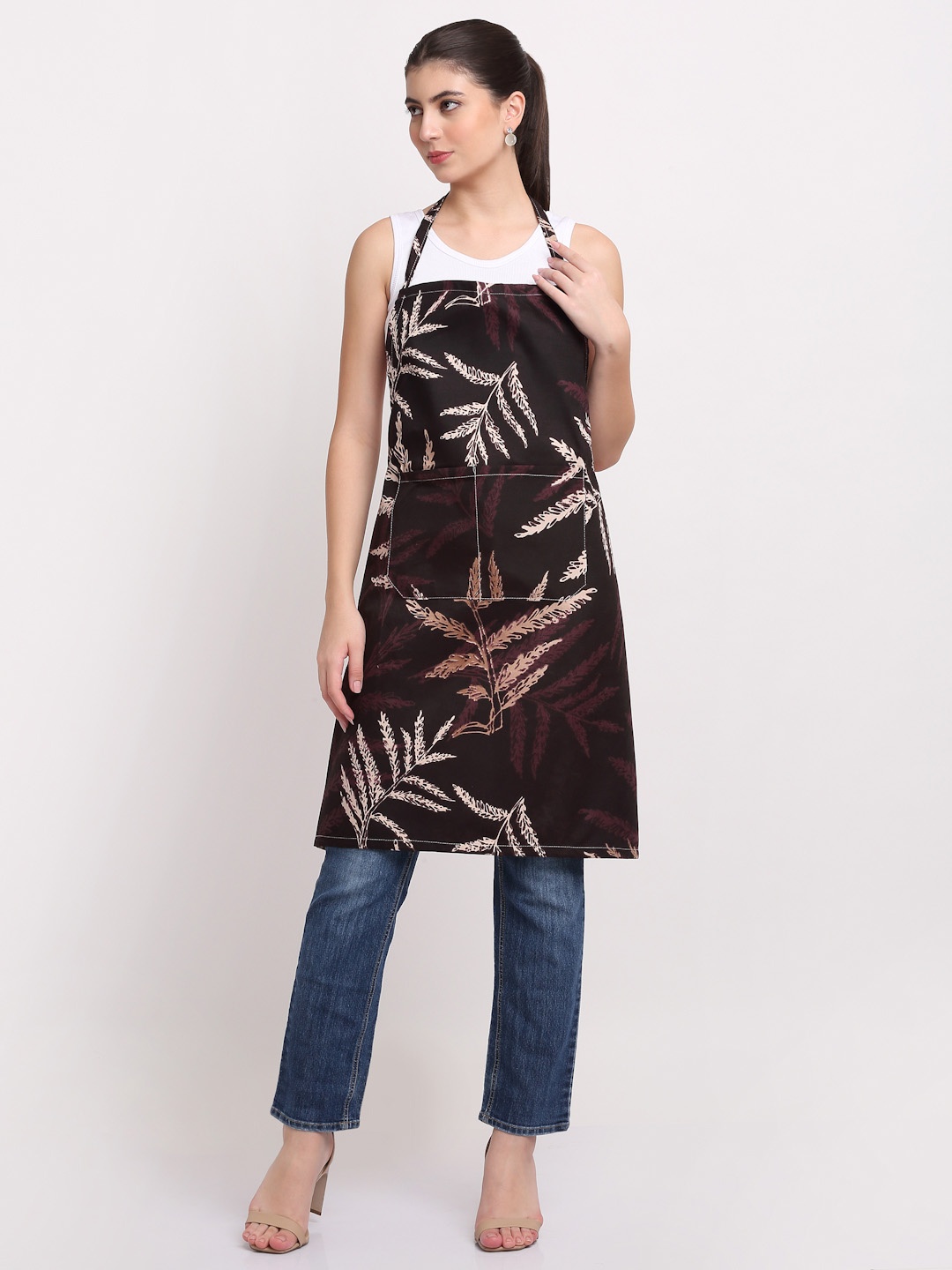 

Arrabi Brown & Off White Leaf Printed Cotton Aprons With Pockets