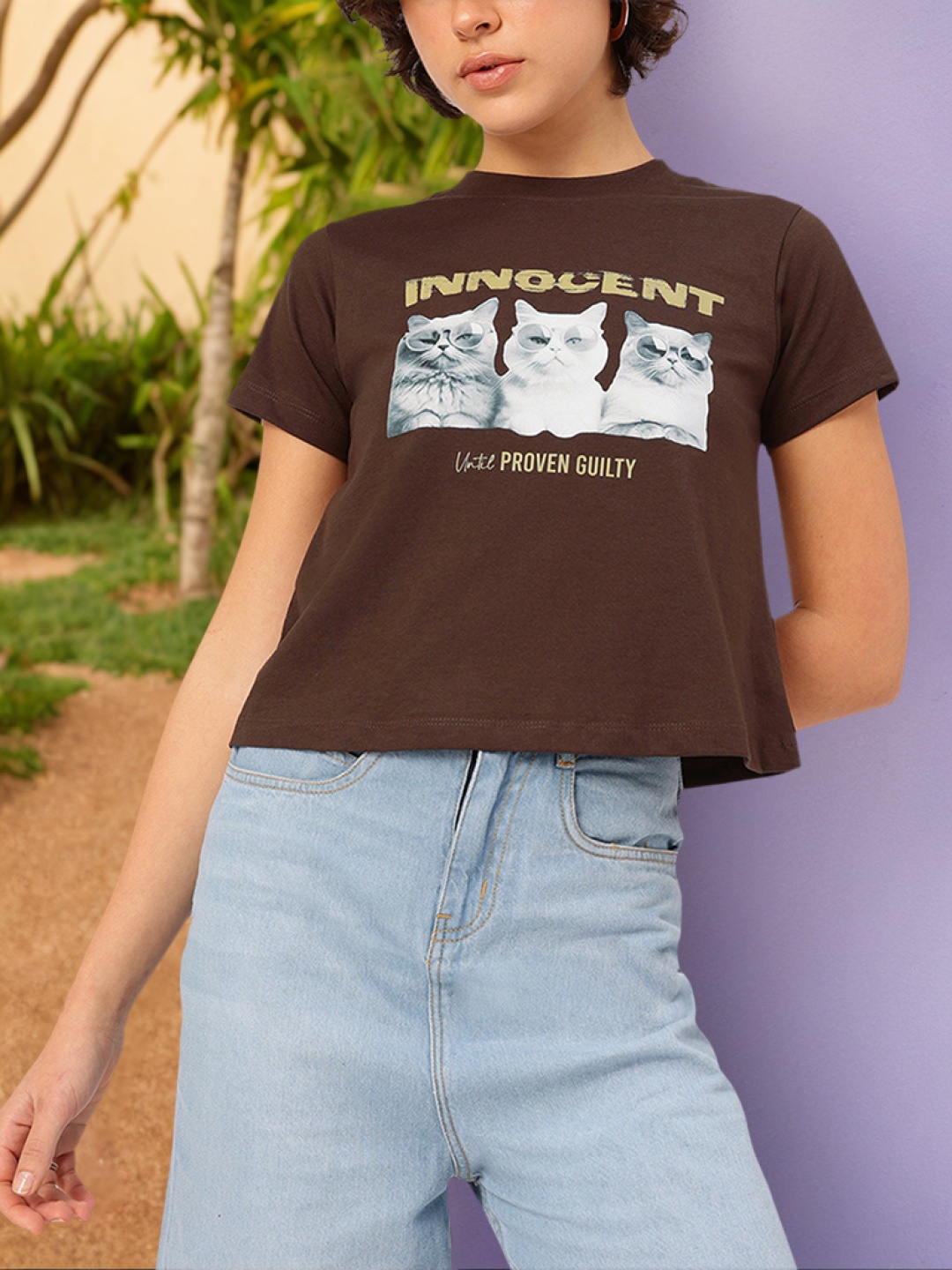 

DressBerry Innocent Cute Printed Crop T-shirt, Brown