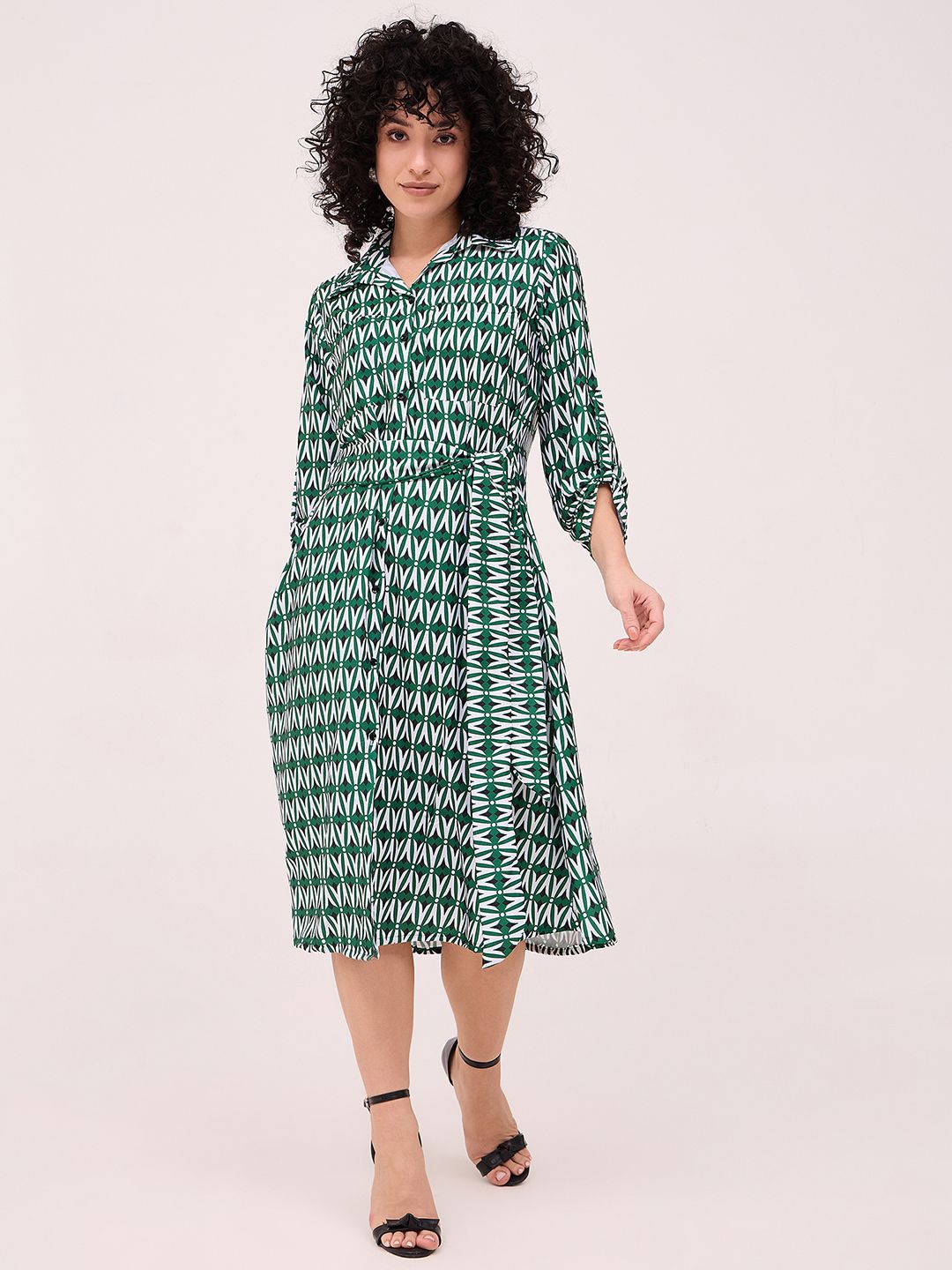 

DressBerry Printed Tie-Ups Detail Shirt Dress, Green