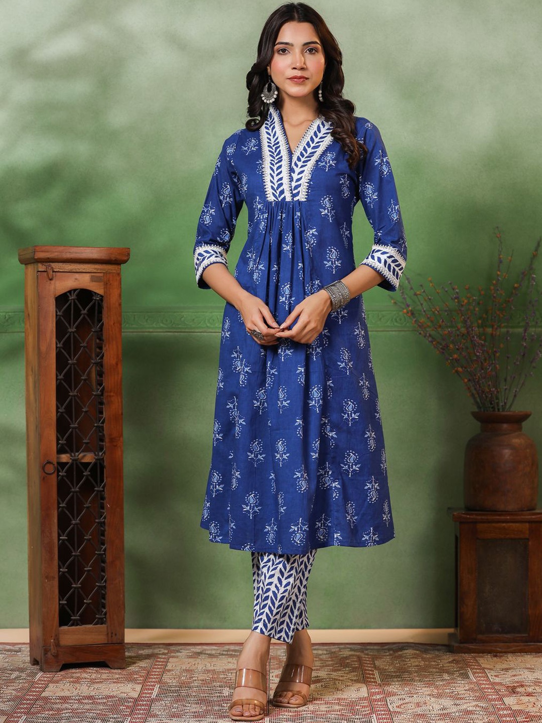 

FASHOR Ethnic Motifs Printed Pleated Sequinned Pure Cotton Kurta with Trouser, Blue