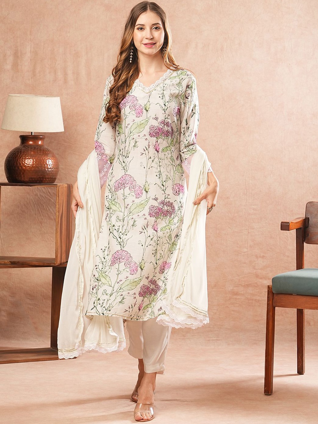 

FASHOR Floral Printed Kurta with Trouser & Dupatta, Cream