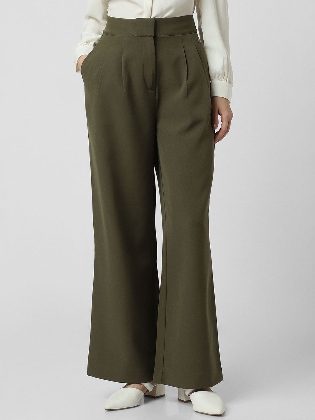 

Van Heusen Woman Women Pleated Flared Trousers, Olive