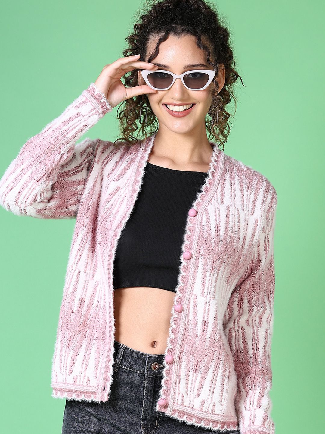 

V-Mart Women Self Design Cardigan Sweater, Mauve