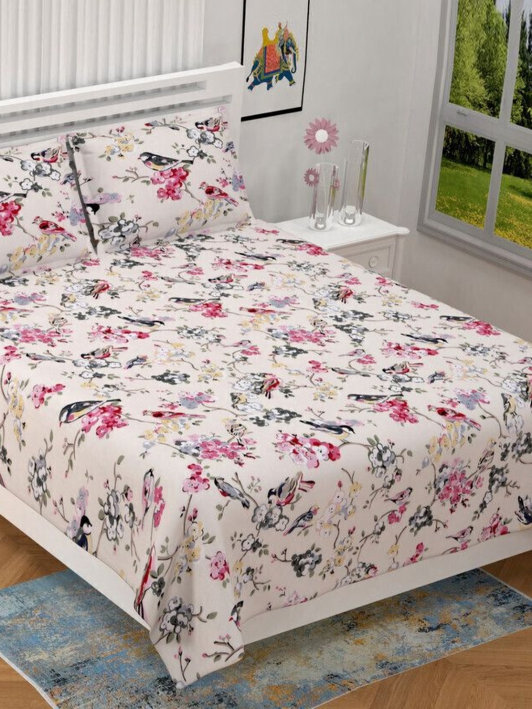 

BILBERRY Furnishing by preeti grover Pink & Blue Floral 180 TC King Bedsheet with 2 Pillow Covers